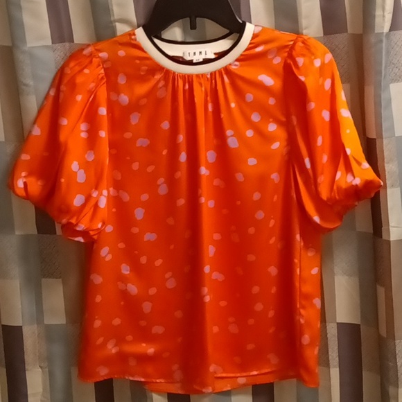 THML polyester orange/lavender splotched blouse w puffer sleeves/crewneck XS - Picture 3 of 11